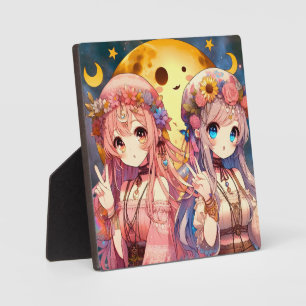 Plaque Photo Fille Anime Hippie Lune Filles Faisant Signe de Pa