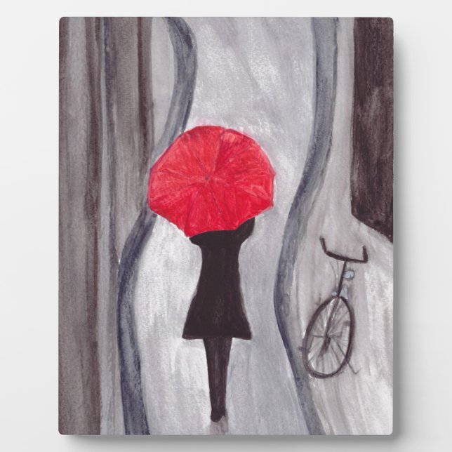 Plaque Photo Fille avec peinture à parapluie rouge (Devant)