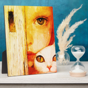Plaque Photo Fille surréaliste et chat - Art mural - Yeux verts