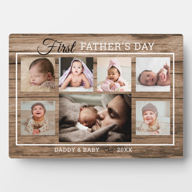 Plaque Photo First Father's Day 7 Photo Collage Rustic Wood (Devant)