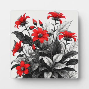 Plaque Photo Fleur rouge sur Plante noir blanc