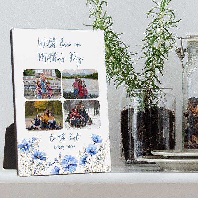 Plaque Photo Fleur sauvage 4 Photo Collage Fête des mères flora (Mother's Day Photo Display for Mum with 4 photo collage, pretty flowers and editable wording)