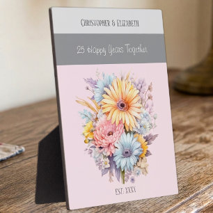 Plaque Photo fleurs de 25e anniversaire argenté noms rose