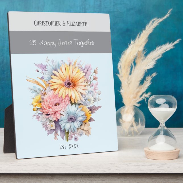 Plaque Photo Fleurs de 25e anniversaire en argent noms bleu (Côté)
