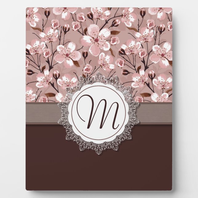Plaque Photo Fleurs de cerisier avec le monogramme de dentelle (Devant)