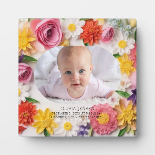 Plaque Photo Fleurs roses personnalisées aquarelle nouveau bébé