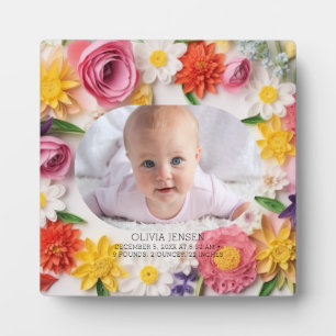 Plaque Photo Fleurs roses personnalisées aquarelle nouveau bébé