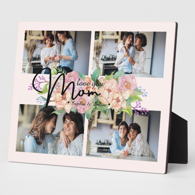 Plaque Photo Flower Script Love You Mom 4 Photo Collage (Côté)