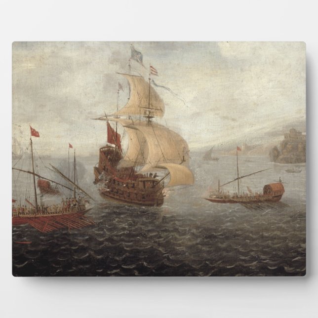 Plaque Photo Frégate à voiles anglaise flanquée de barges d'Éta (Devant)