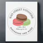 Plaque Photo French Macarons Food Business Patisserie Adresse<br><div class="desc">Logo circulaire avec macarons chocolat,  rose et vert avec texte personnalisé pour nom commercial,  adresse et slogan avec bordure grise.</div>
