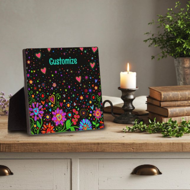 Plaque Photo Fun Floral Heart Whimsical Personnalisé Noir (Créateur téléchargé)