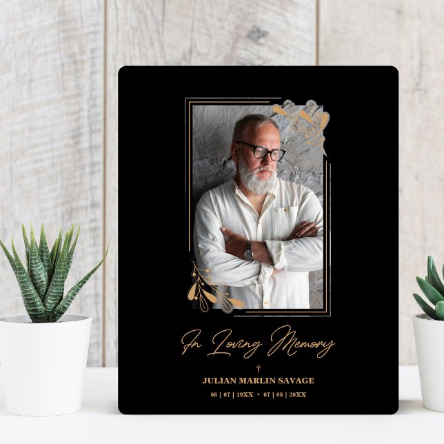 Plaque Photo Funérailles Noir Faux Branches d'or Photo Se souve (Créateur téléchargé)