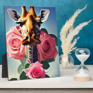 Plaque Photo Funny Giraffe et Surreal Rose