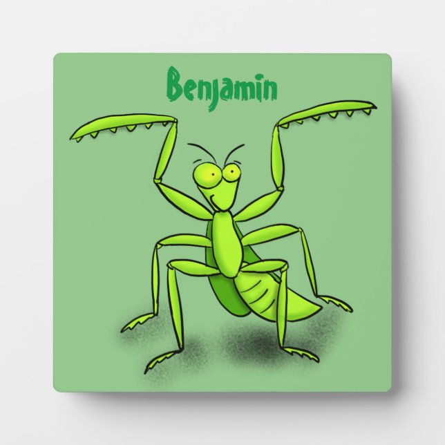 Plaque Photo Funny green praying mantis cartoon illustration (Devant)