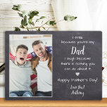 Plaque Photo Funny Papa Poem Fête des pères photo personnalisée<br><div class="desc">Surprise papa cette fête des pères avec une plaque photo personnalisée 3. "Je souris parce que vous êtes mon DAD, je ris parce qu'il n'y a rien que vous puissiez faire à ce sujet." Personnalisez cette plaque papa avec la photo, le message et le nom préférés. Visitez notre collection pour...</div>