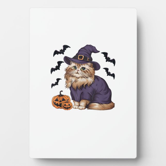 Plaque Photo Funny Pumpkin Bat Witch Costume Persian Cat Hallow (Devant)