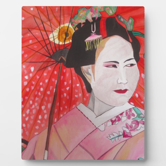 Plaque Photo Geisha avec parapluie rouge peinture d'art origina (Devant)