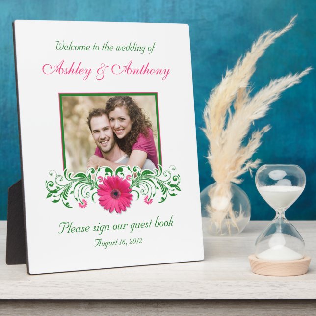 Plaque Photo Gerbera Rose Daisy Green Floral Mariage Photo (Côté)