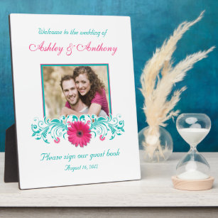 Plaque Photo Gerbera Rose Daisy Turquoise Floral Mariage Photo