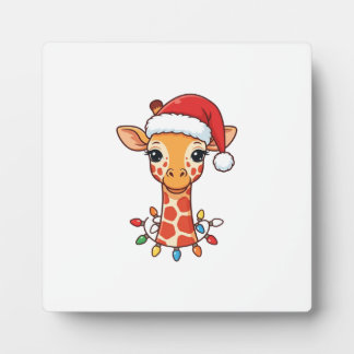 Plaque Photo Girafe de Noël chapeau de Père Noël et lumières co