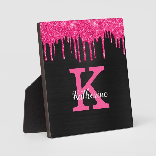 Plaque Photo Girly Black Hot Pink Glitter Drips Monogram Name (Recto)
