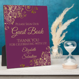 Plaque Photo Gold & Cassis Purple Sign Our Guest Book Wedding