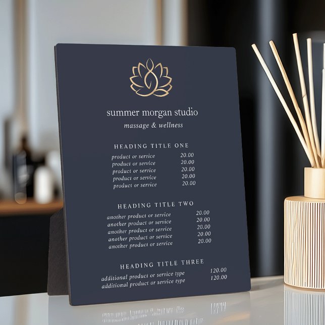 Plaque Photo Gold Lotus Wellness Spa Pricing/Services Affichage (Créateur téléchargé)
