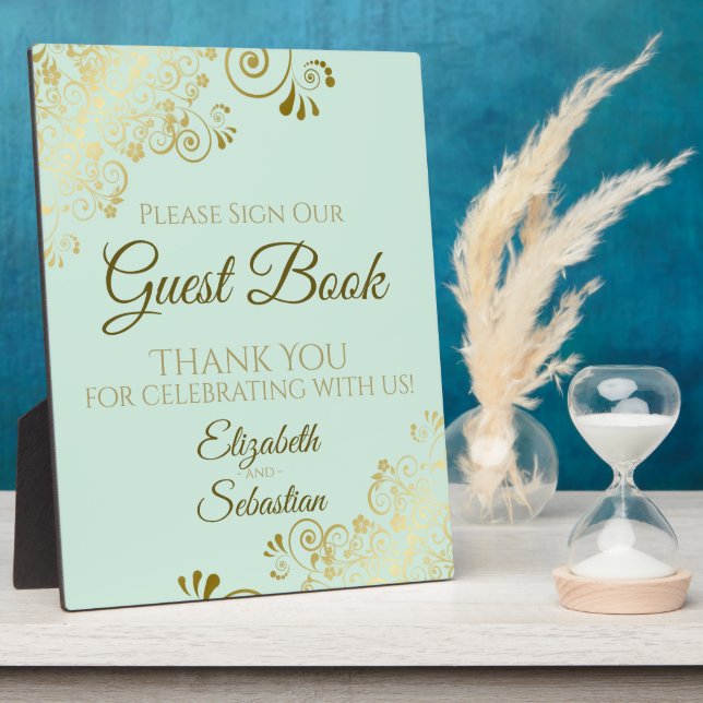 Plaque Photo Gold & Neo Mint Green Sign Our Guest Book Mariage (Côté)