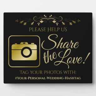 Plaque Photo Gold on Black Mariage Photo Share Hashtag Sign