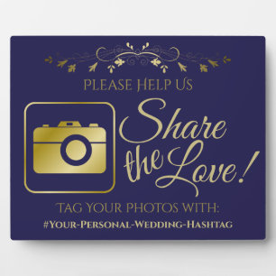Plaque Photo Gold on Navy Blue Mariage Photo Partager Hashtag