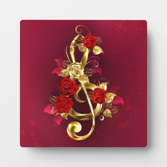 Plaque Photo Golden Treble Clef avec fleurs Roses (Devant)