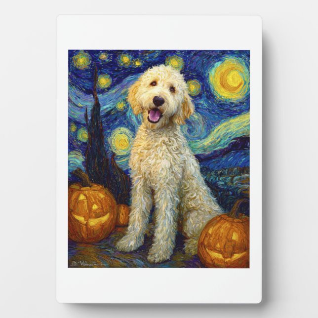 Plaque Photo Goldendoodle Chien Mignon Halloween Jack O Lantern (Devant)