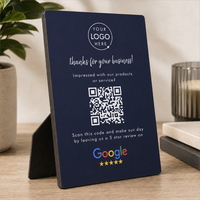 Plaque Photo Google Avis Business Review Link QR Code Marine (Google Review interactive QR code tabletop easel plaque sign branded with your company logo.)