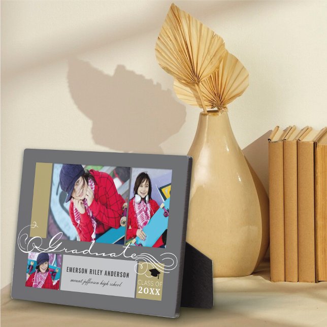 Plaque Photo Graduate Stylish Scrolls 3 Photo Graduation Easel (Graduate Stylish Scrolls 3 Photo Graduation Easel Plaque by fatfatin @ www.zazzle.com/color_therapy)