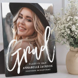 Plaque Photo Graduation Photo Keepsake<br><div class="desc">This simple and minimalist graduation easel table top sign or plaque features a full-page photo with a sleek and modern layout. “Grad” is displayed in elegant handwritten script, with the graduate’s name, “Class of 2026, ” and the school name below in classic fonts for a clean and polished look. Designed...</div>