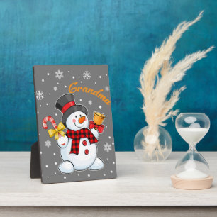 Plaque Photo Grand-mère Snowman Sucre de canne Noël Rouge Plaid