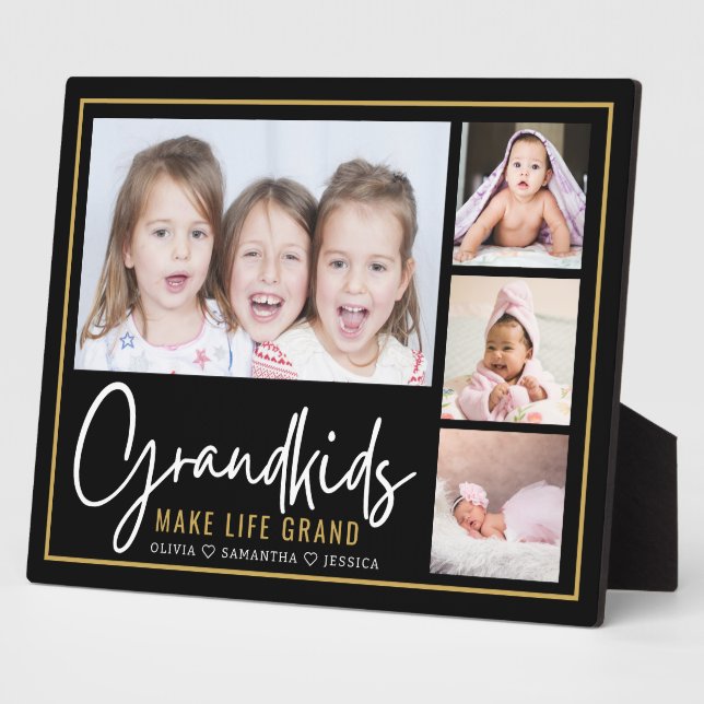 Plaque Photo Grandkids Make Life Grand 4 Photo Black And Gold  (Côté)