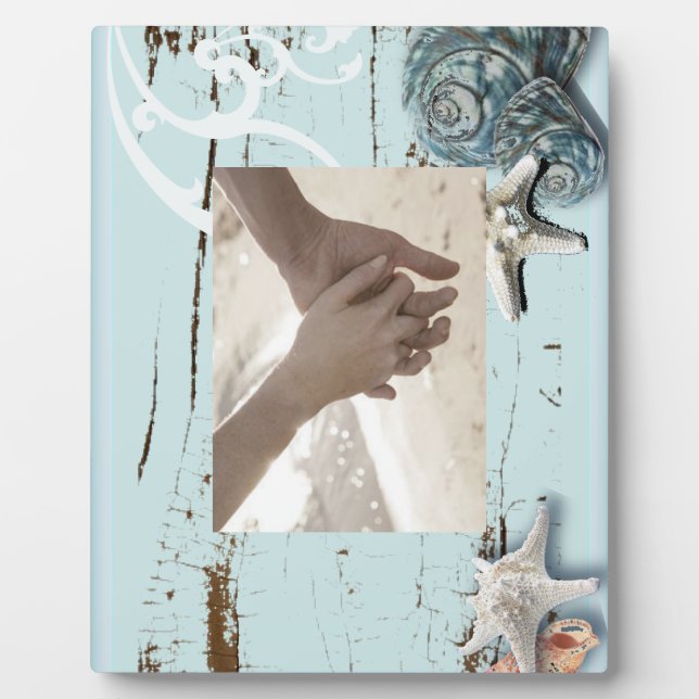 Plaque Photo Grange côtière bois aqua bleu étoile coquillages (Devant)