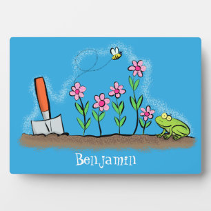 Plaque Photo Grenouille mignonne et abeille dans le jardin dess