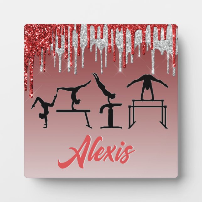 Plaque Photo Gymnastique Rouge et Argent Paillettes Drip Ombre  (Devant)