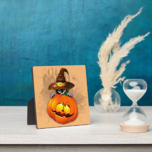 Plaque Photo Halloween Cute Kitty Witch et ami Citrouille