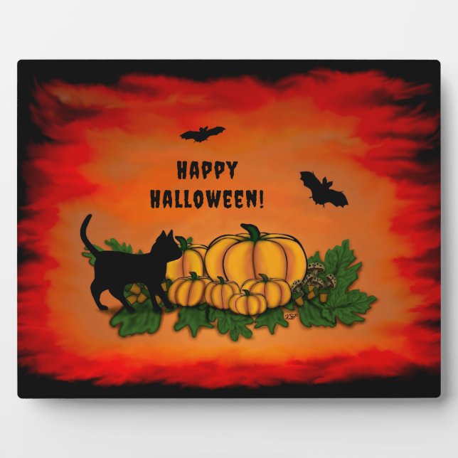 Plaque Photo Halloween heureux, Chat noir, Chat et Citrouille (Devant)