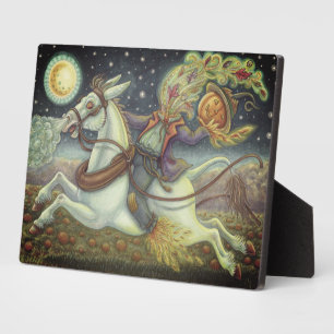 Plaque Photo Halloween HORSEMAN SCARECROW & WHTE MULE HORSEMAN