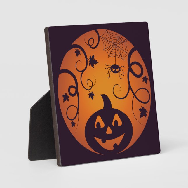 Plaque Photo Halloween Jack-o'-lantern citrouille visage et ara (Recto)