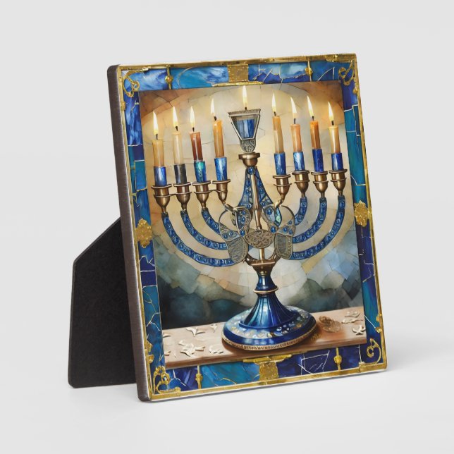 Plaque Photo Hanoukka bleue Menorah (Recto)