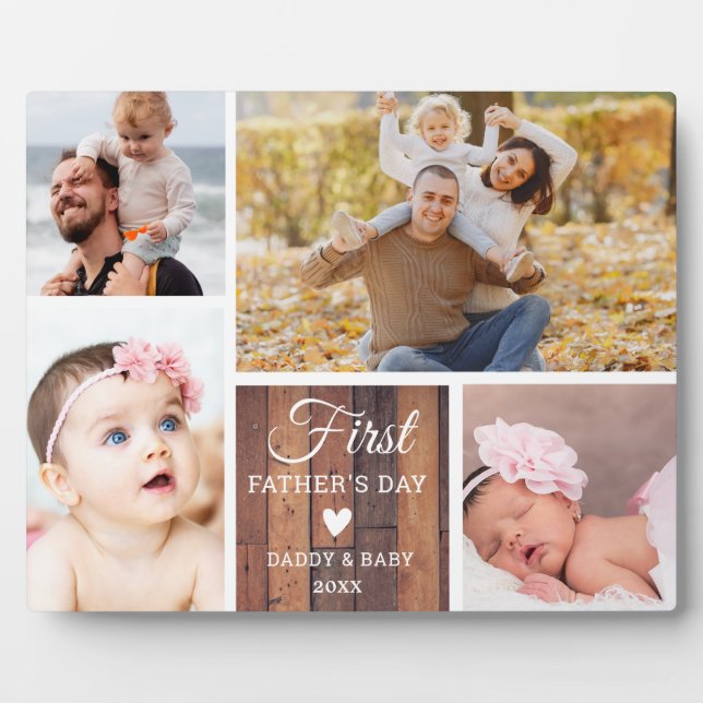 Plaque Photo Happy First Fête des pères 4 photo Collage Wood (Devant)
