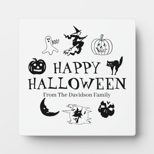 Plaque Photo Happy Halloween custom name black white (Devant)