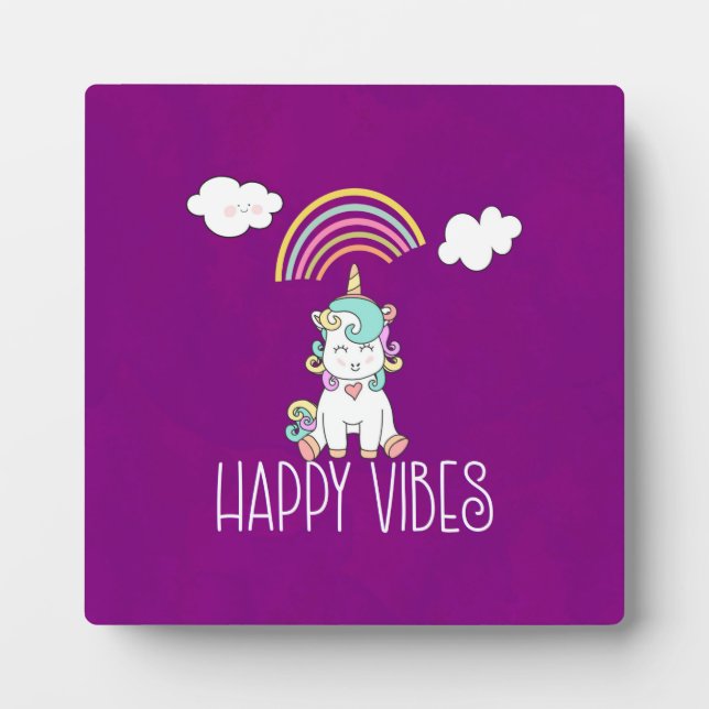 Plaque Photo Happy Vibes Typographie Awesome Rainbow & Unicorn (Devant)