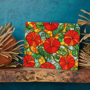 Plaque Photo Hibiscus Faux Verre Teinté Rouge Or Vert