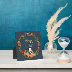 Plaque Photo Hibou d'automne et citrouilles avec texte personna